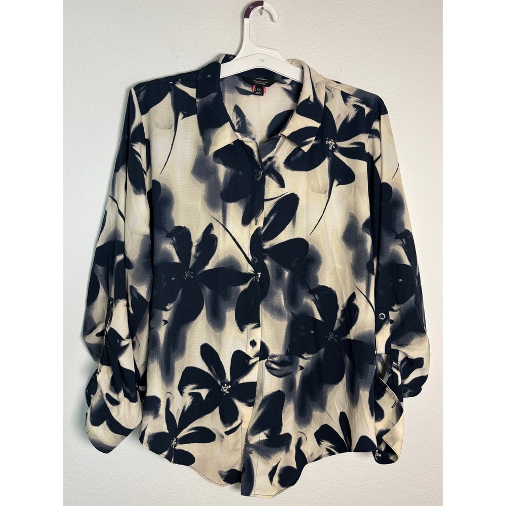 Simply Vera Vera Wang Navy Cream Floral Roll Tab Button Down Blouse XXL